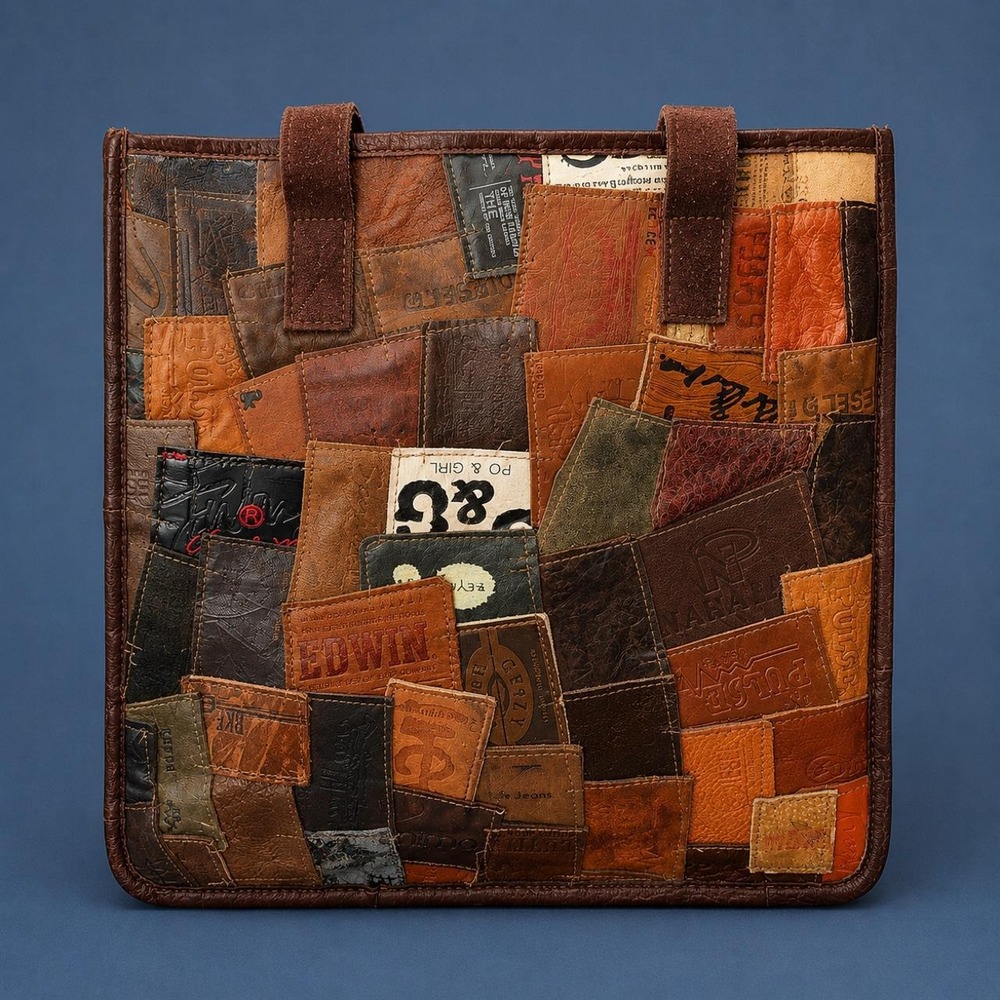 Patchwork Leather Denim Tote Bag Vintage Y2K Upcycled Boho Purse Brown Blue OS
